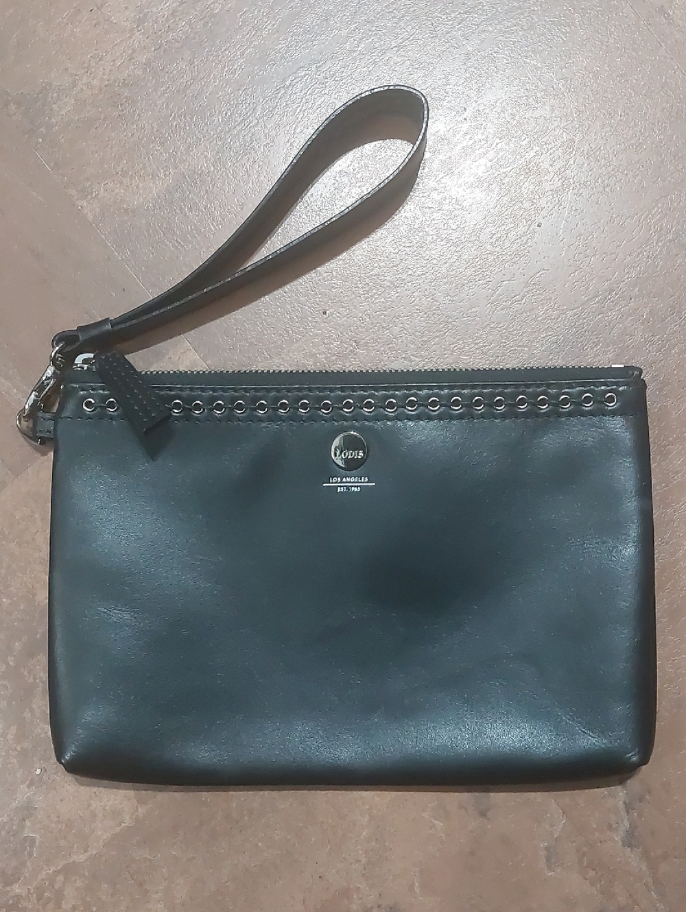 Lodis Black Leather Wristlet Clutch with Eyelet Trim